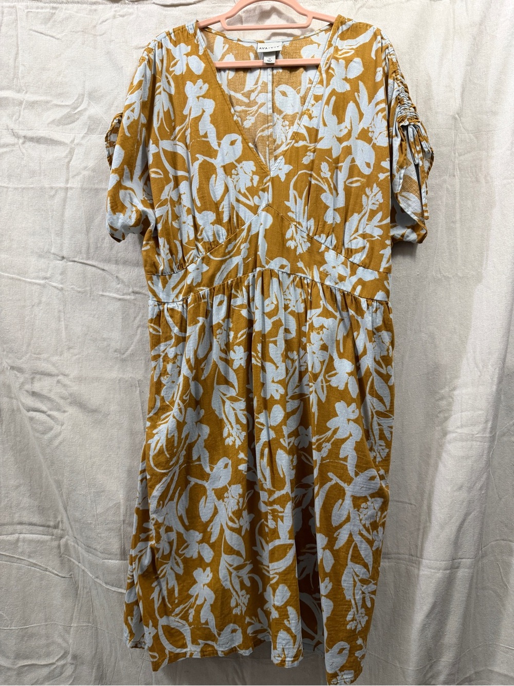 Ava & Viv Mustard and White Floral V-Neck Midi Dress